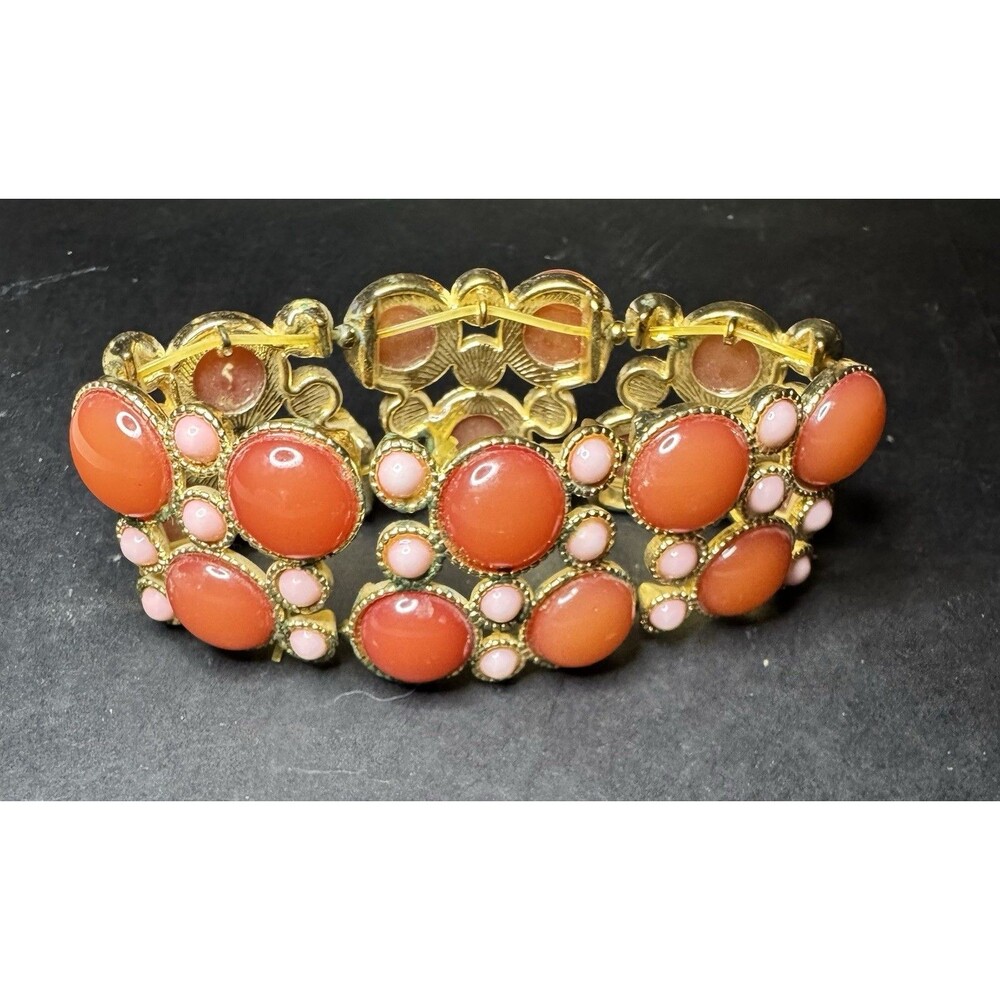 Vintage 1950s 60s Coral Orange Pink Plastic Cabochon Wide Panel Bracelet